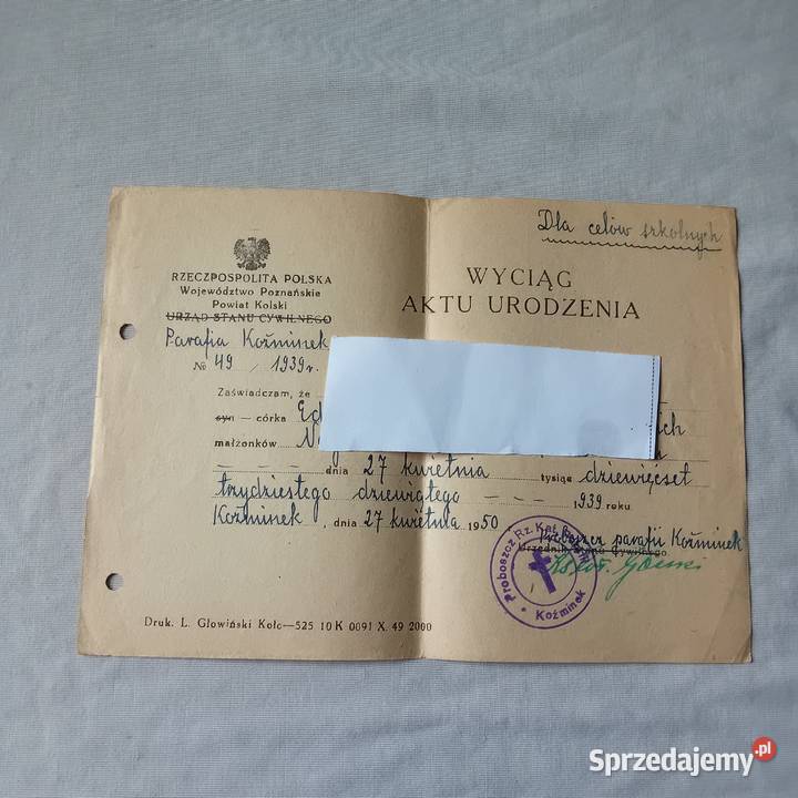 Wyciąg aktu urodzenia 1950 r Koźminek