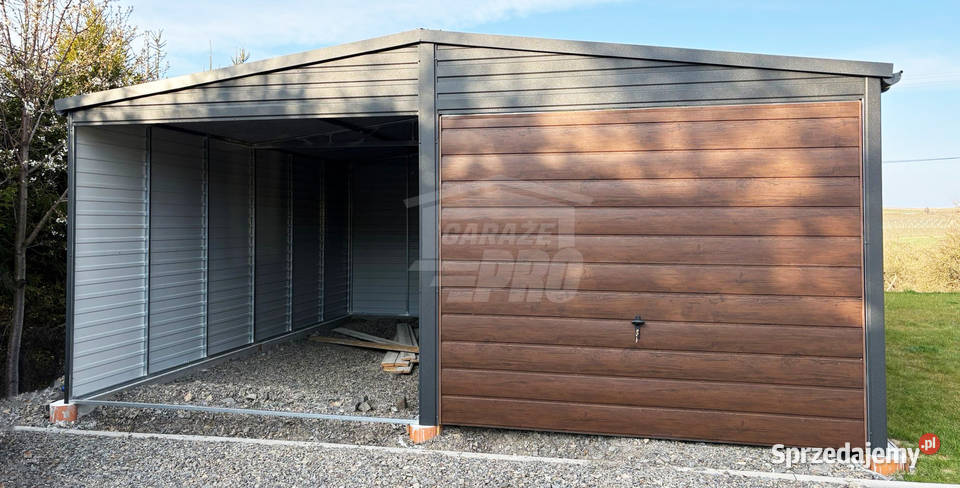 Garaz blaszany 6x6 m 2x brama uchylna sciana