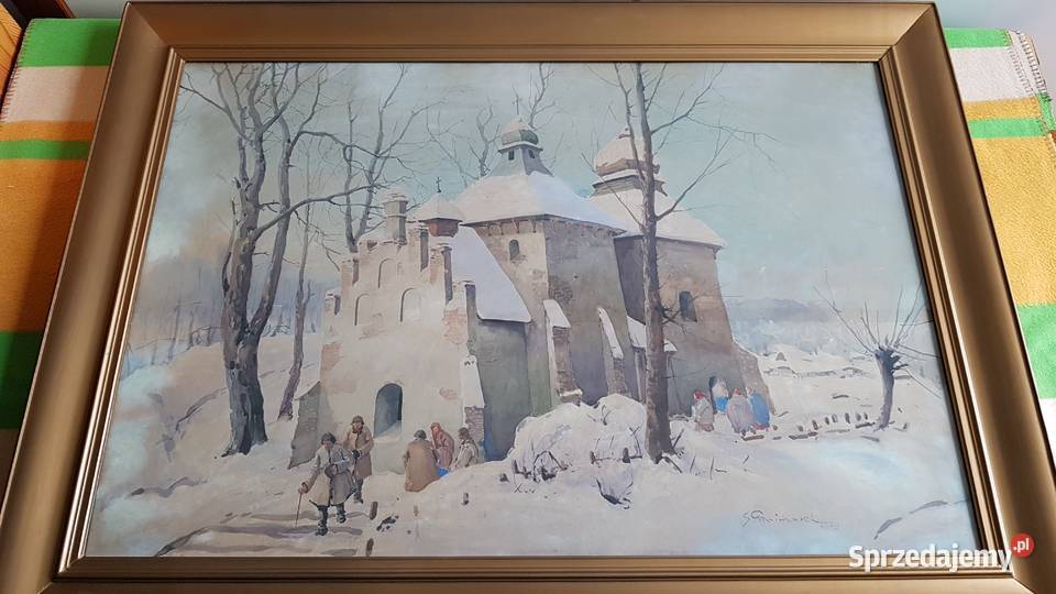 Stary duży obraz akwarela sygnowana S Gibiński śląskie Dąbrowa Górnicza