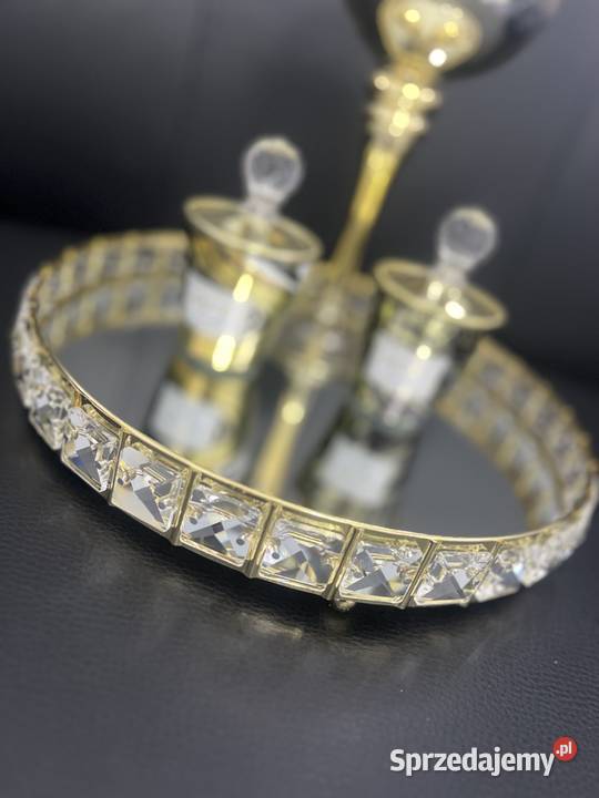 Lustrzana okrągła złota taca z kryształkami małopolskie Golkowice