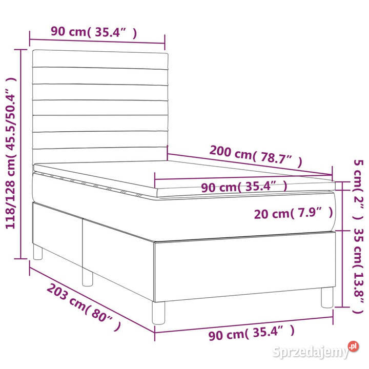 Łóżko kontynentalne z materacem i LED szary 90cm
