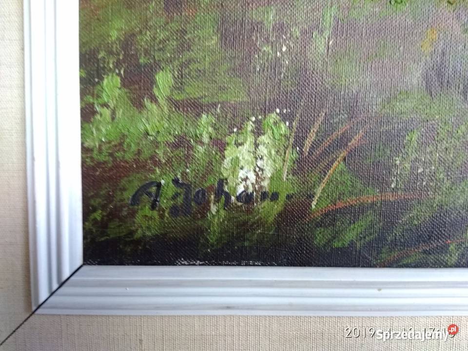 PARK Z JEZIOREM PEJZAŻ OLEJ NA PŁÓTNIE SYGNOWANY sprzedam