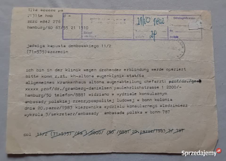 Telegram z roku 1983 wysłany z Hamburga z wielkopolskie Koźminek