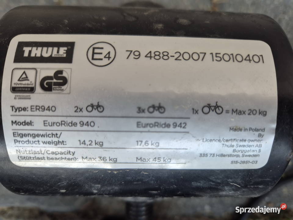 Sprzedam bagaznik rowerowy na hak THULE EuroRide