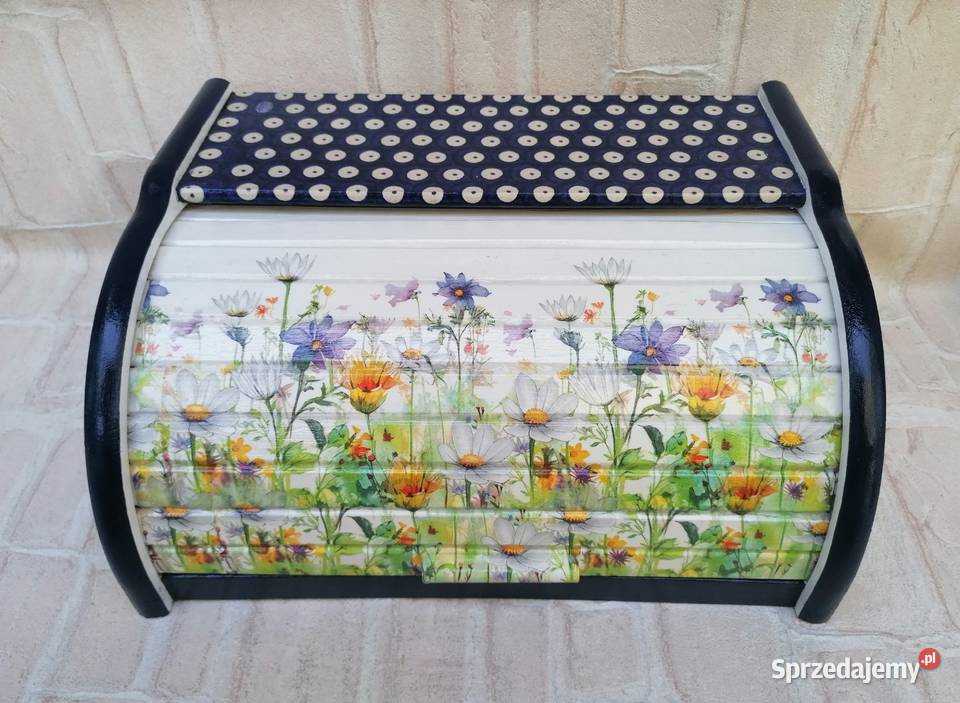 Chlebak duży z drewna decoupage kwiaty łąkowe Halinów