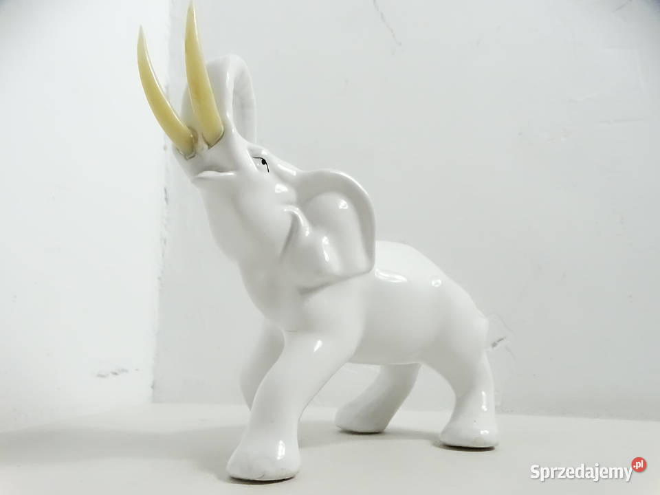Stary ceramiczny słoń z uniesioną trąbą Vintage Biłgoraj