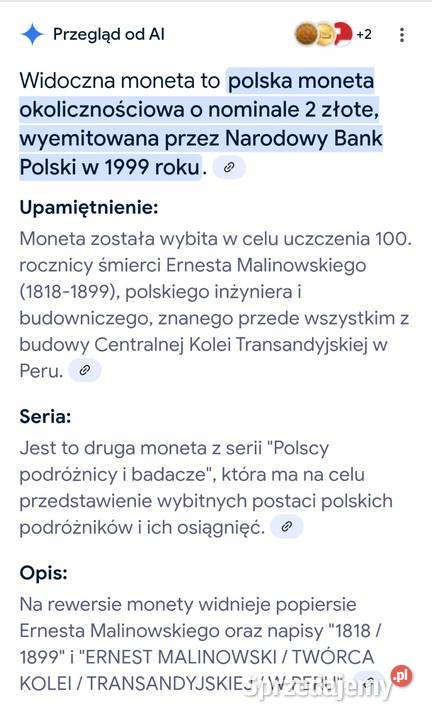 moneta 2 okolicznościowa Ernest Malinowski 1999 Kolekcje Wrocław