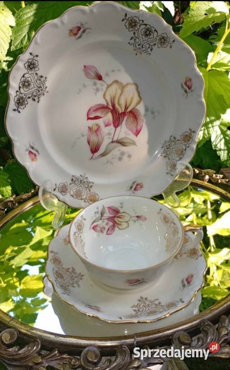 TRIO BAWARIA Z KORONĄszlachetna elegancjareliefy Porcelana i szkło Pabianice
