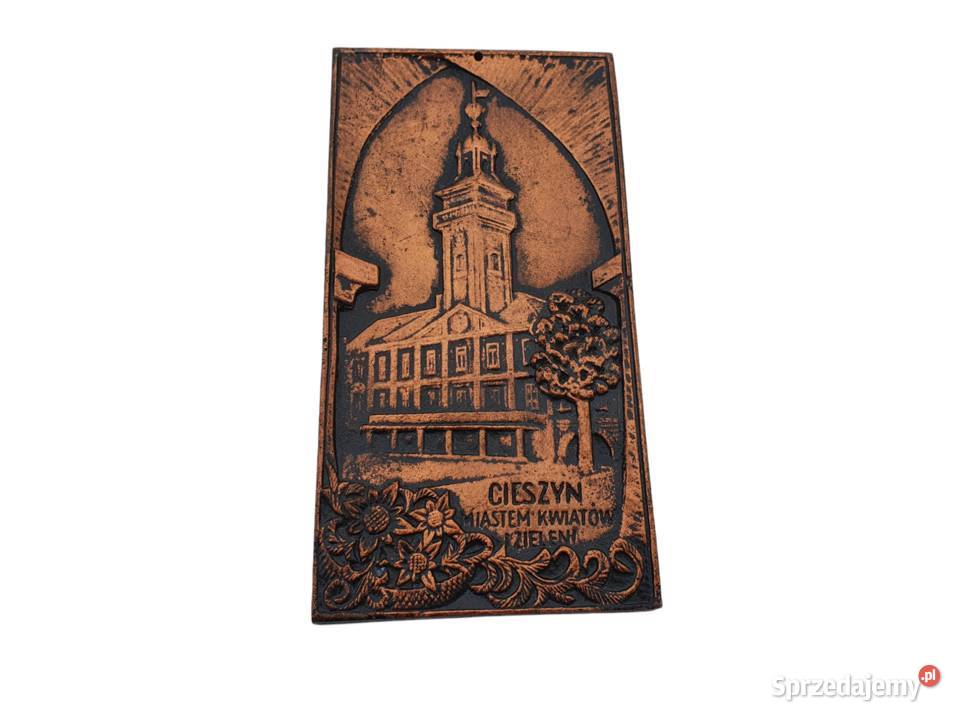 Stary obraz żeliwo płaskorzeźba Cieszyn lata 60