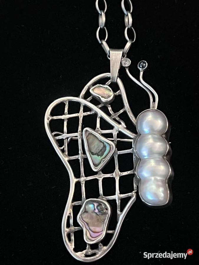 Srebrny wisior broszka motyl perły akwamaryn Warszawa