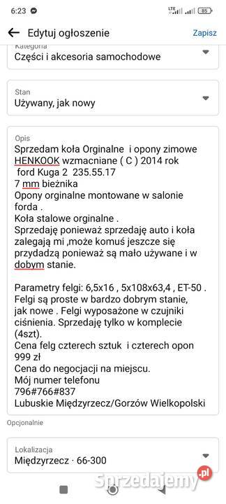 OkazjaKoła zimowe super stan 2355517 5x108 FORD Międzyrzecz sprzedam