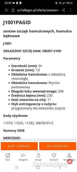 Wykładziny szczękowe Mercedes osobowe Układ hamulcowy Olsztyn sprzedam