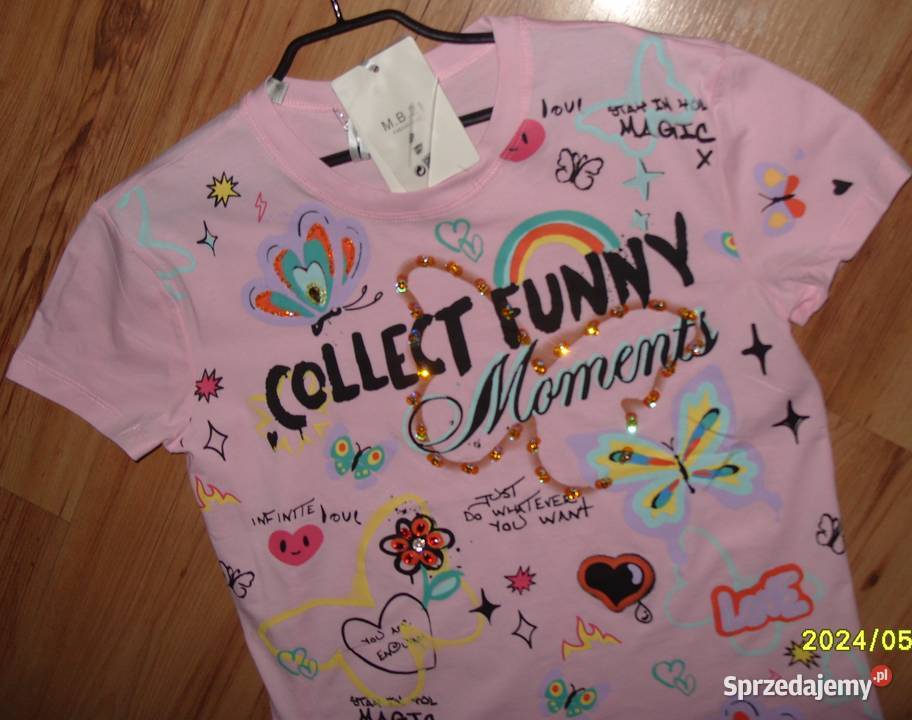 Tshirt NOWY Róż Motyle Serca cekiny cyrkonie r Rawicz
