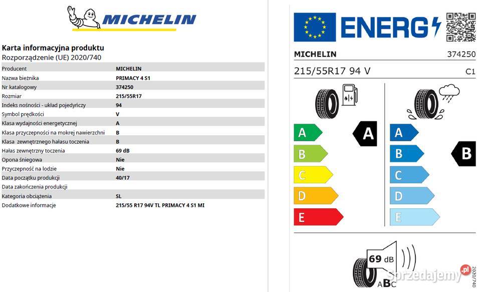 Komplet opon Michelin Primacy 4 S1 21555 R17 94V Warszawa