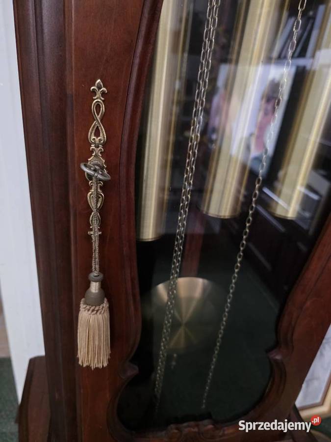 Stojący zegar kwadransowy mahoń mosiądz drewno Wałbrzych