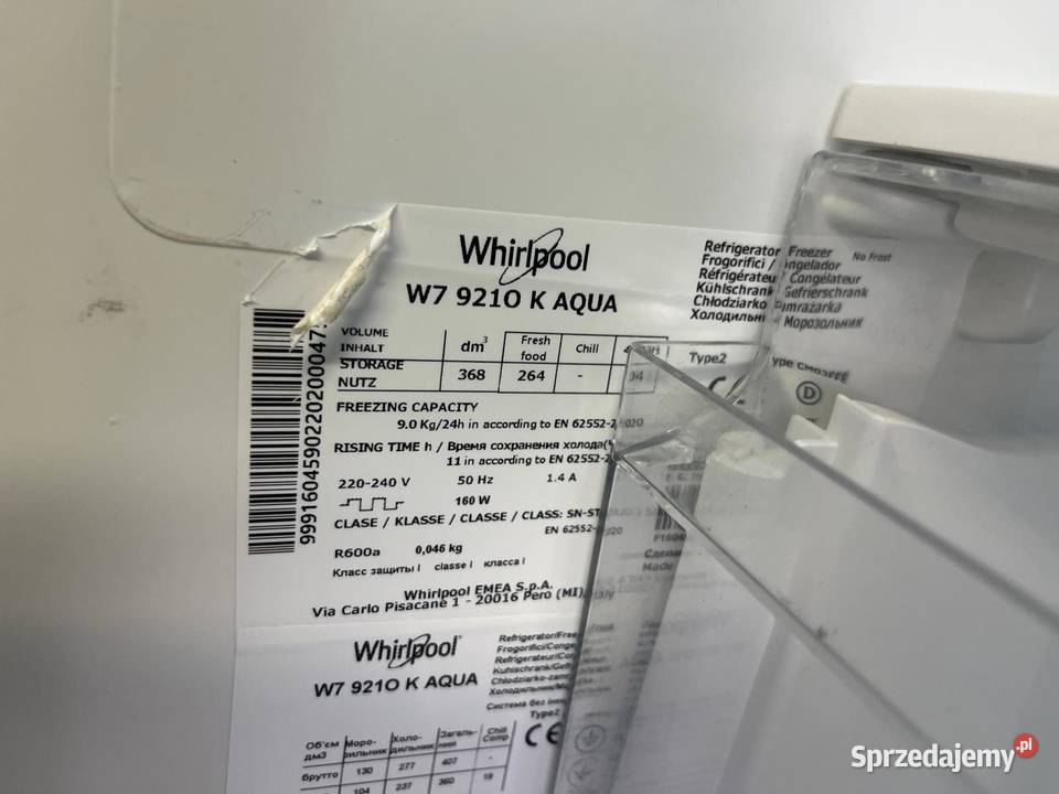 Lodówka Whirlpool W7 921O K AQUA No Frost 368L A Pozostałe mazowieckie