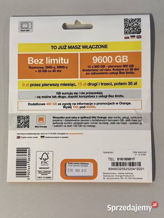 Starter Sim Orange 9600 GB nowy DPD Orange Inczew sprzedam