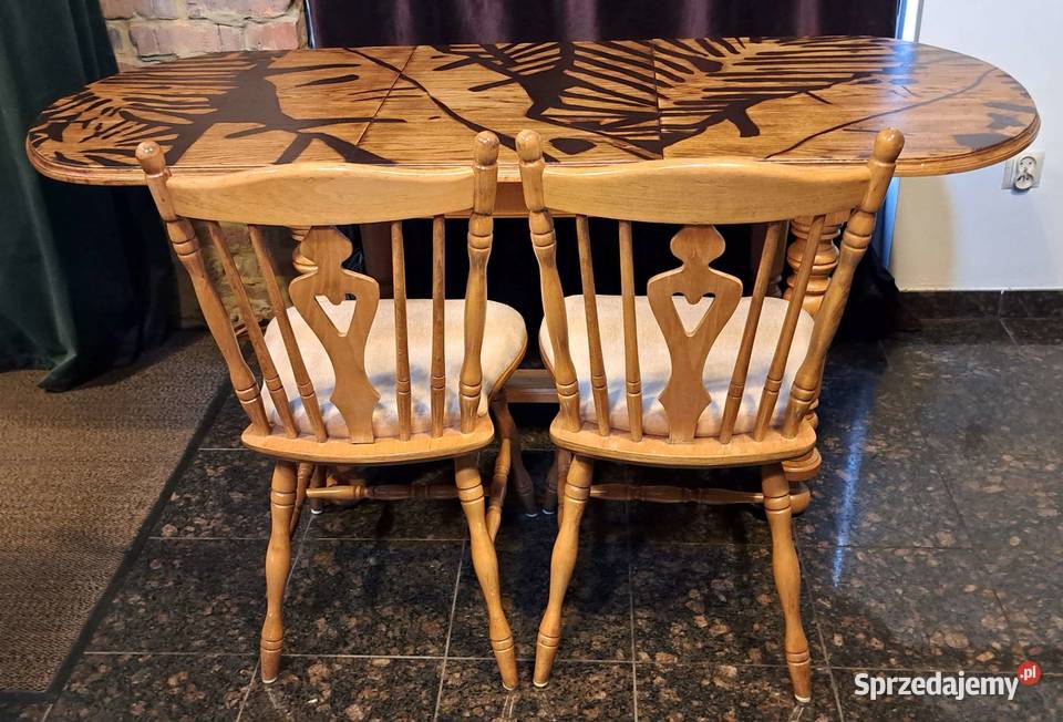 Drewniany dębowy stół z krzesłami  motyw tropikalny vintage
