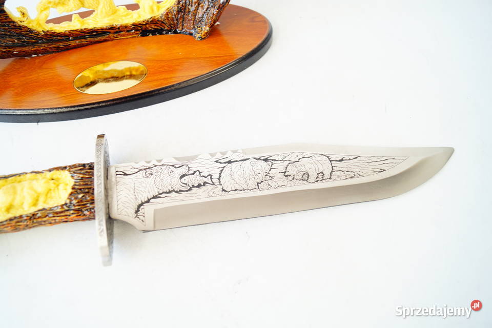 NÓŻ MYŚLIWSKI na stojaku dekoracja prezent Gizałki