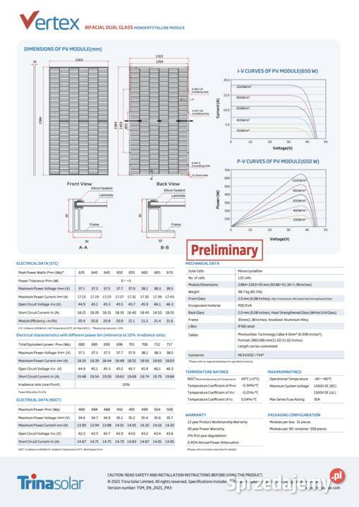 PANELE FOTOWOLTAICZNE Trina Solar 650W sprzedam
