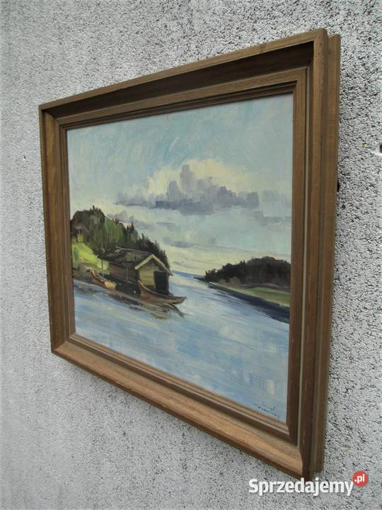 Obraz olejny Przystań Szwecja lata 70 Lublin