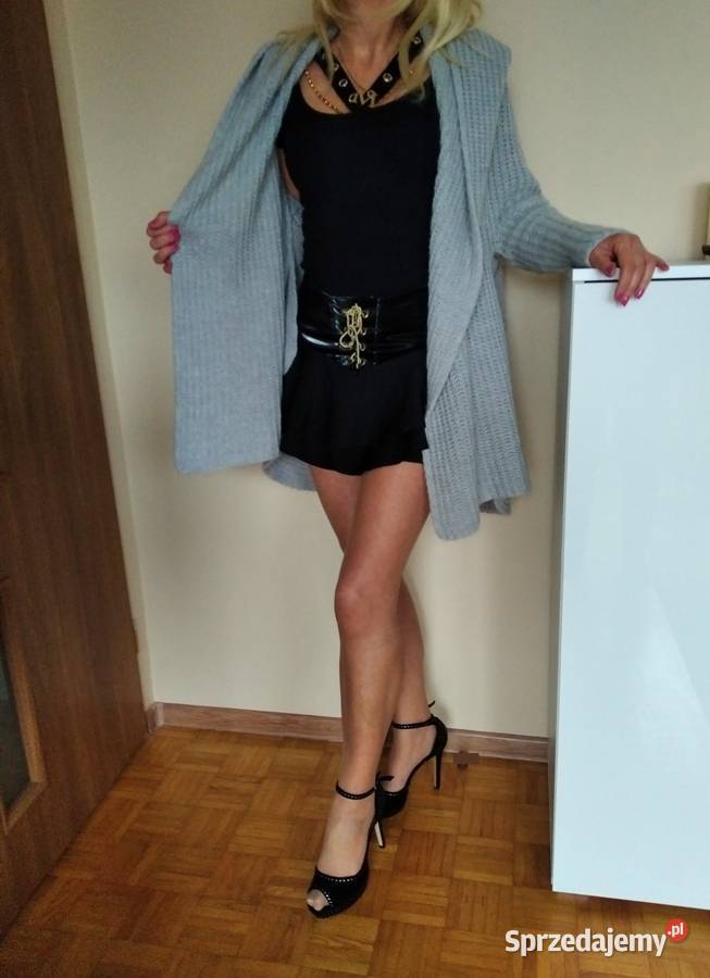 Sweter kardigan szary kaptur PAPARAZZI FASHION M długi Łapy