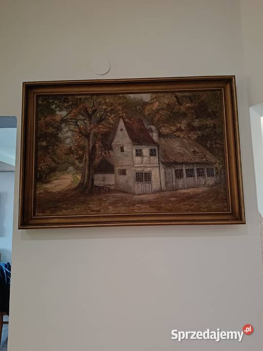 Stary obraz olejny na płótnie Sielankowy pejzaż Lipno sprzedam