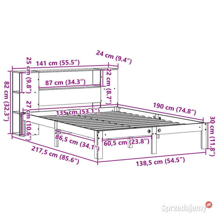 Łóżko z regałem bez materaca drewno sosnowe 141cm