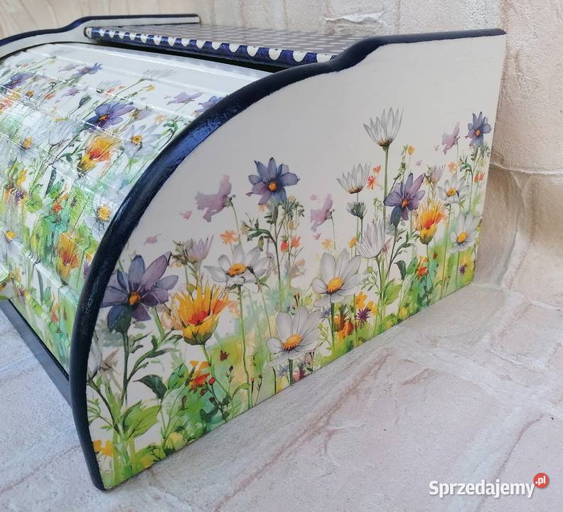 Chlebak duży z drewna decoupage kwiaty łąkowe Halinów