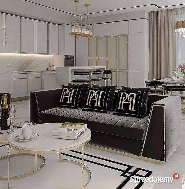 Czarna sofa glamour trzyosobowa złota Warszawa sprzedam