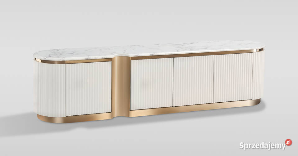 Ryflowana szafka RTV złota biała z blatem Golkowice