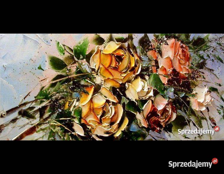 Kolorowe róże Obraz olejny kwiaty szpachla 40x20 Poznań