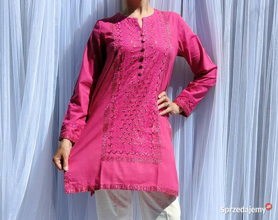 Różowa tunika boho XL 42 bawełna róż złoto haft Szczecin