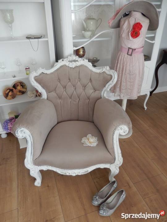 fotel uszak pikowany KAPITALNYM shabby chic biel Lubin