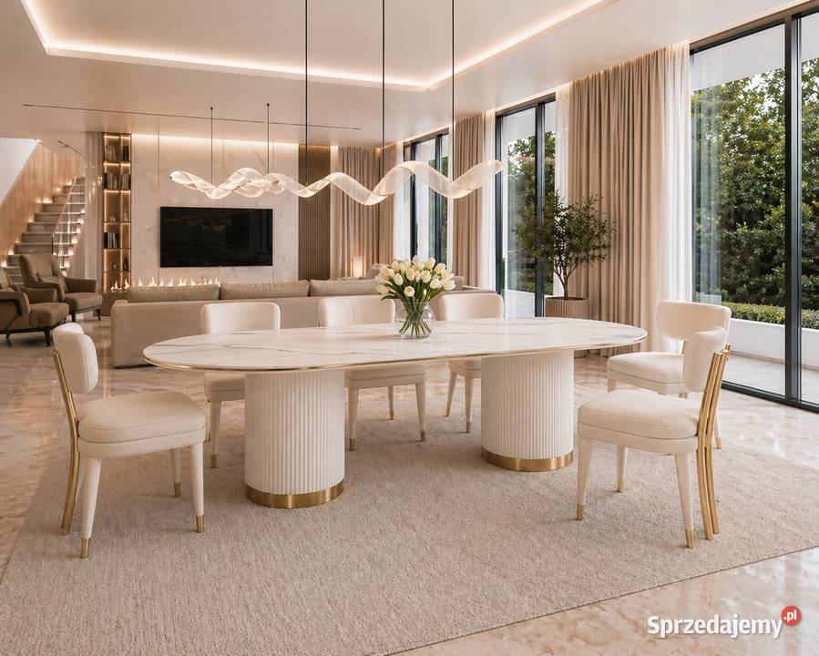 Stół owalny ryflowany 180x90 ecru marmurowy blat Golkowice