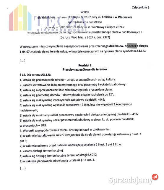 Działka 541m2 Warszawa Kmicica Sprzedaż mazowieckie