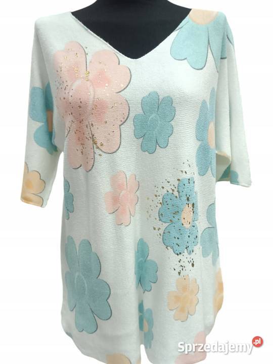 Sweter bluzka biała niebieskie kwiaty biust 110 sprzedam