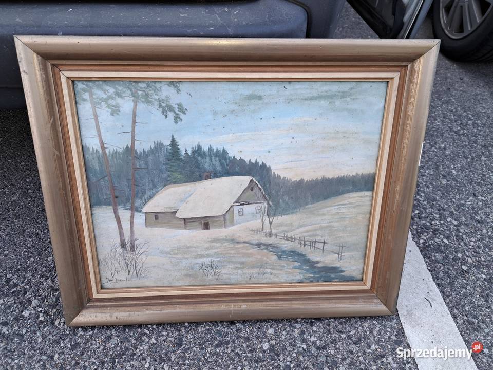Stary obraz szklem sygnowany w lewym rogu Lubań