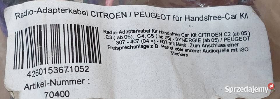 ADAPTER ZŁĄCZE ISO CITROEN C2 C3 C4 C5 PEUGEOT osobowe Mielęcin