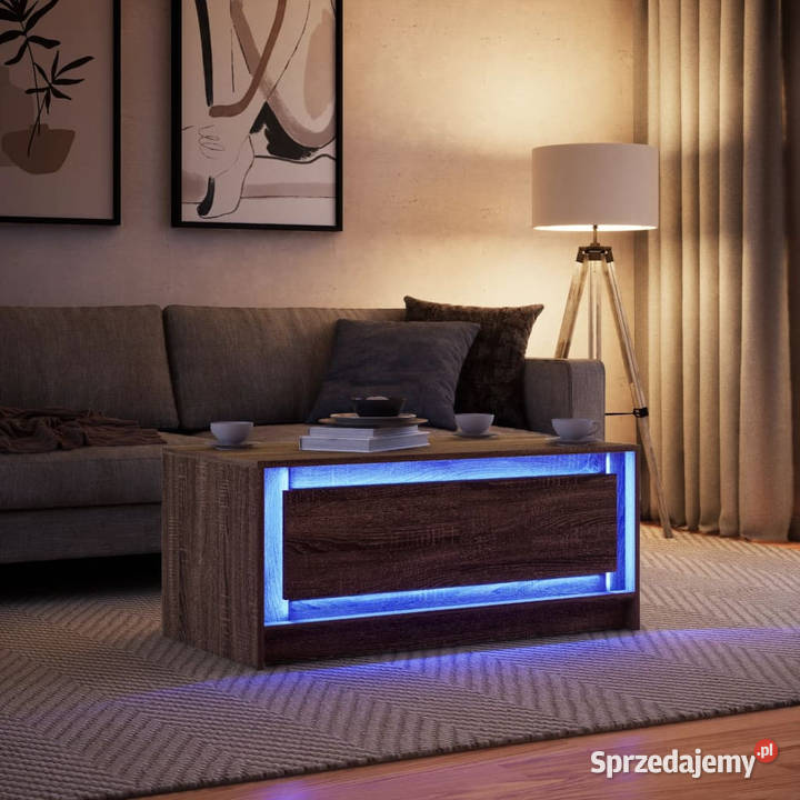 Stolik kawowy z LED brązowy dąb materiał mazowieckie Warszawa