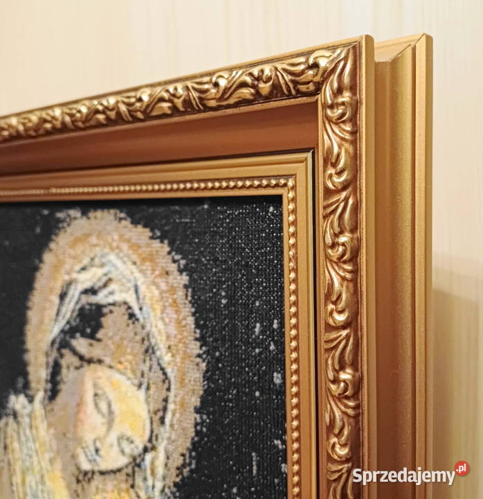 haft krzyżykowy Madonna z Dzieciątkiem drewniana Szczecin