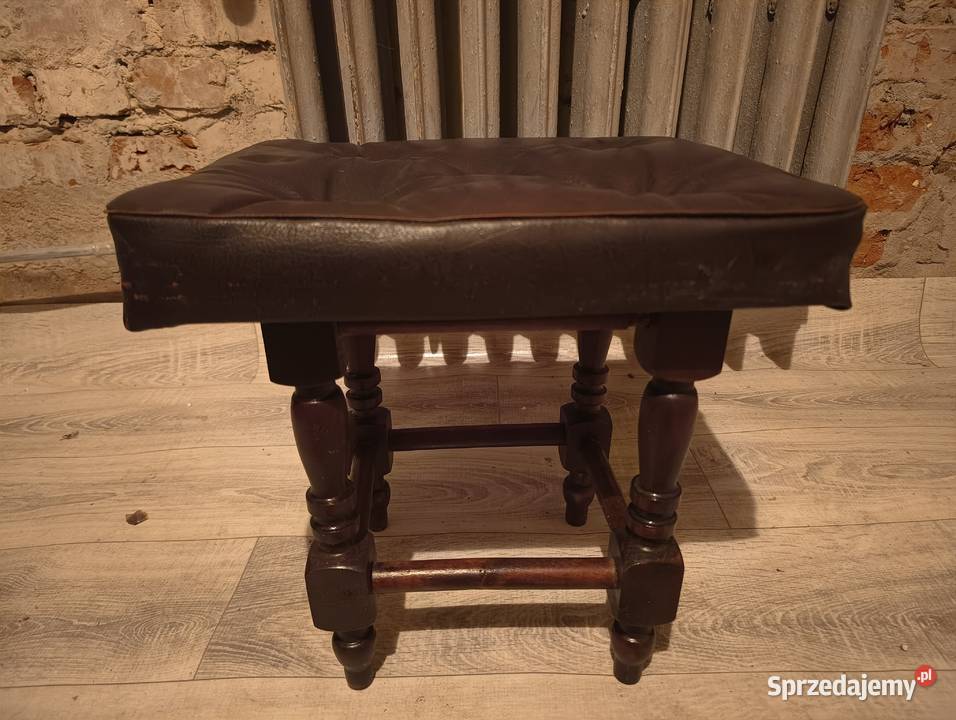 Taboret pufa krzesło z obiciem skórzanym PRL
