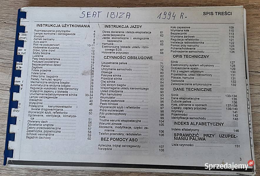 Instrukcja obsługi Seat Ibiza 1994 r motoryzacja, transport Ostrów Wielkopolski