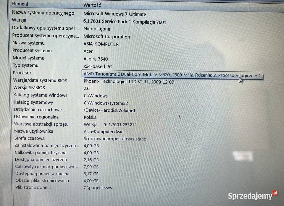Laptop Acer Aspire 7540G524G50Mn 17 w świetnym Kłomnice sprzedam