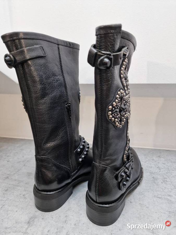 Botki Kozaki Skóra Czarne Kamienie Ćwieki 36 Żywiec