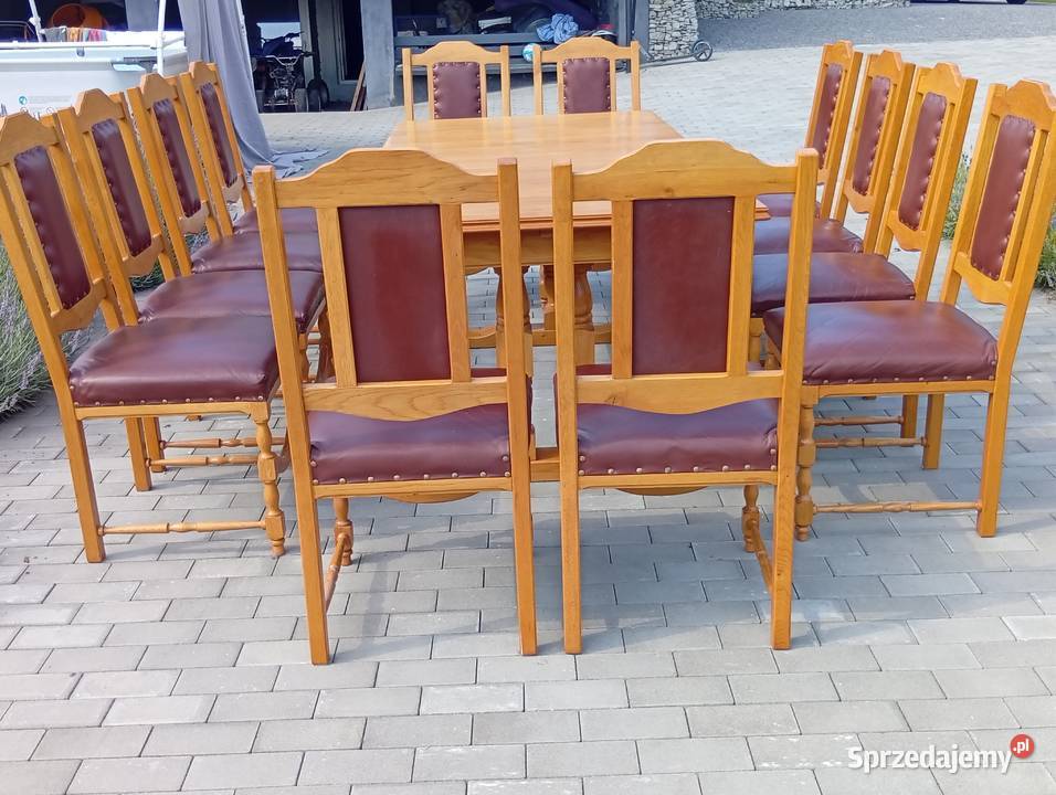 Unikatowy zestaw stół 12 krzeseł lity dąb skóra Krzesła Starachowice