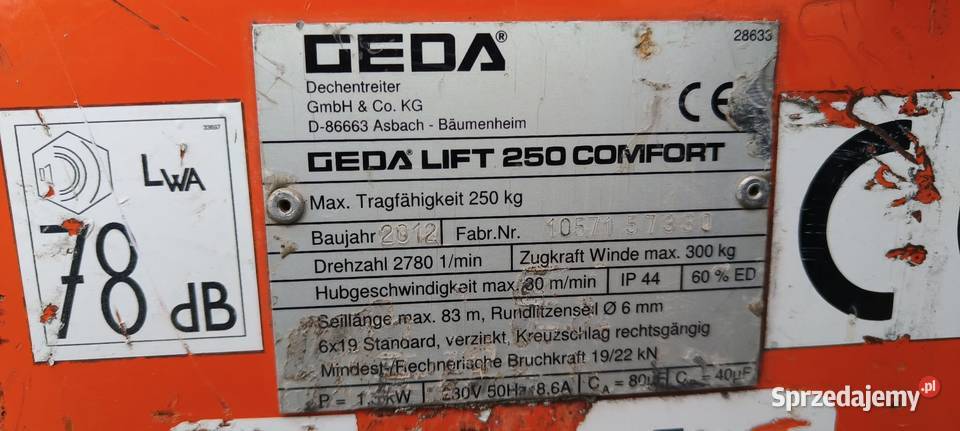 Wciągarka budowlana winda dekarska geda 15 m do Wciągarki Namysłów