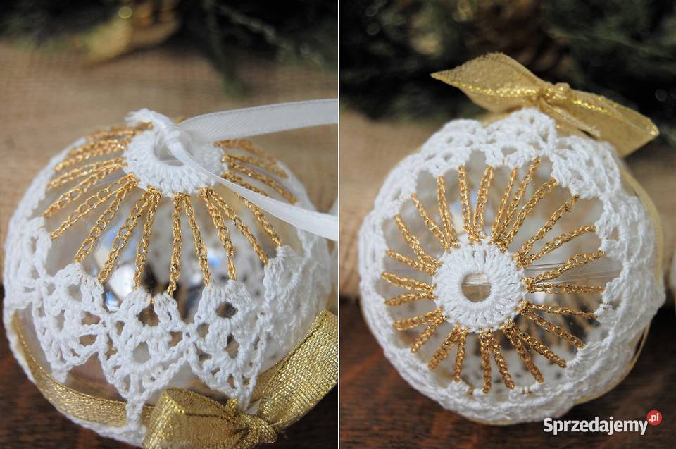 Bombki szydełkowe białozłote rękodzieło 2 Lublin