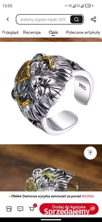 Sygnet lew srebro 925 srebro Pruba luksusowy mazowieckie Warszawa sprzedam