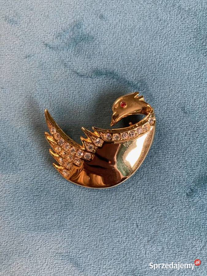 Nowa złota broszka łabędź cyrkonie vintage USA Ozdoby podkarpackie Nisko